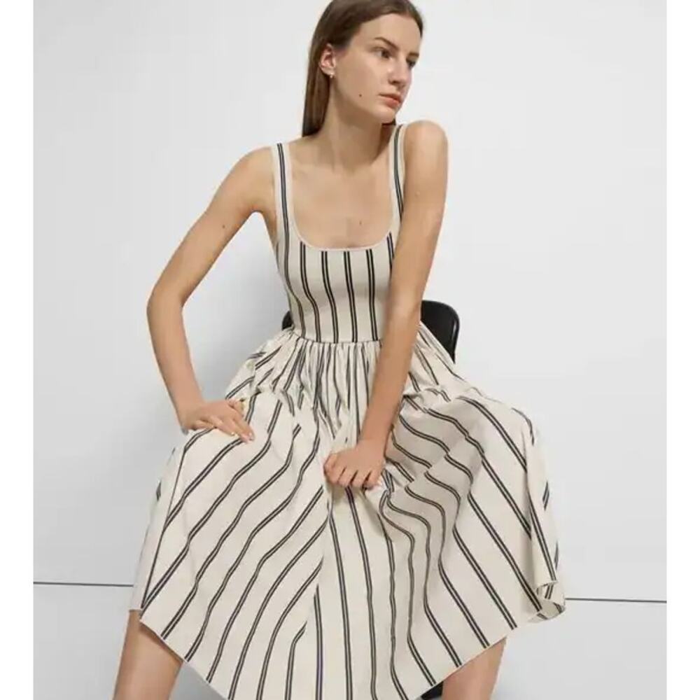 Theory Sleeveless Midi Dress in White Stretch Striped Knit M NWOT $495